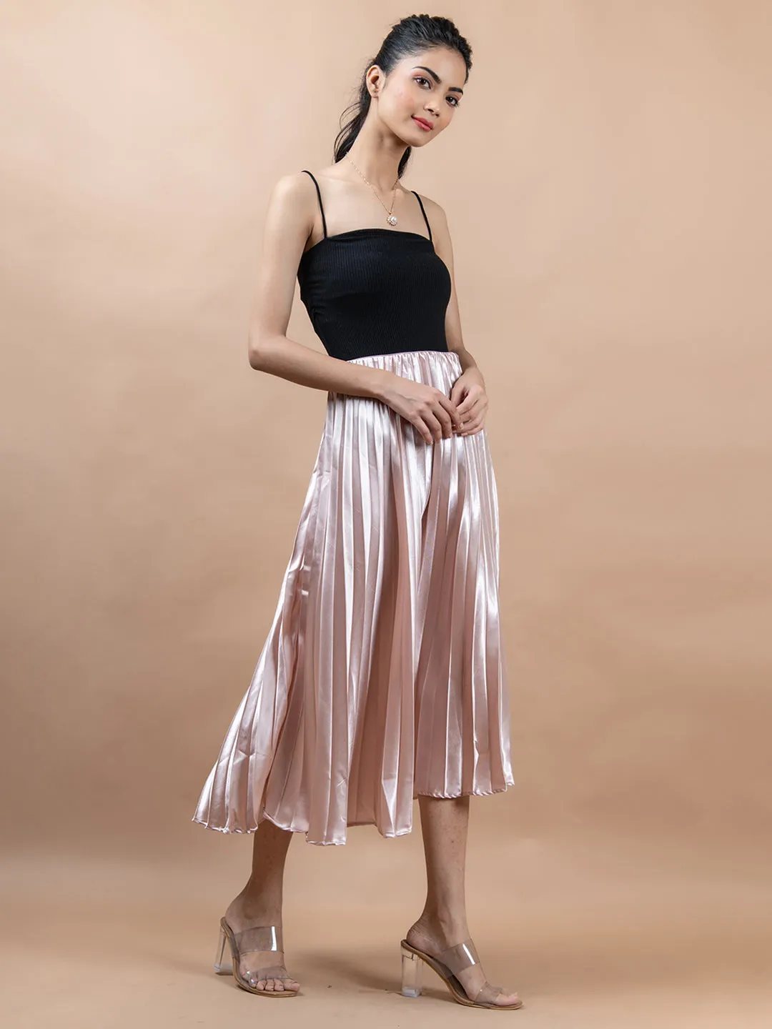 Rose Gold Flared Skirt with Accordion Pleats For Women