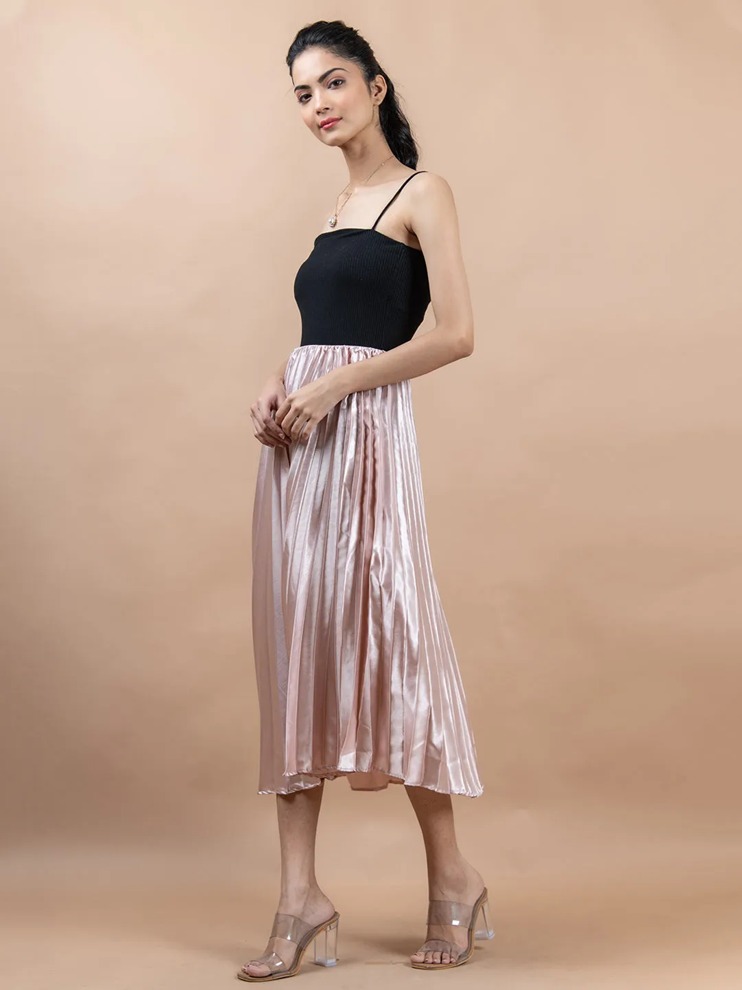 Rose Gold Flared Skirt with Accordion Pleats For Women