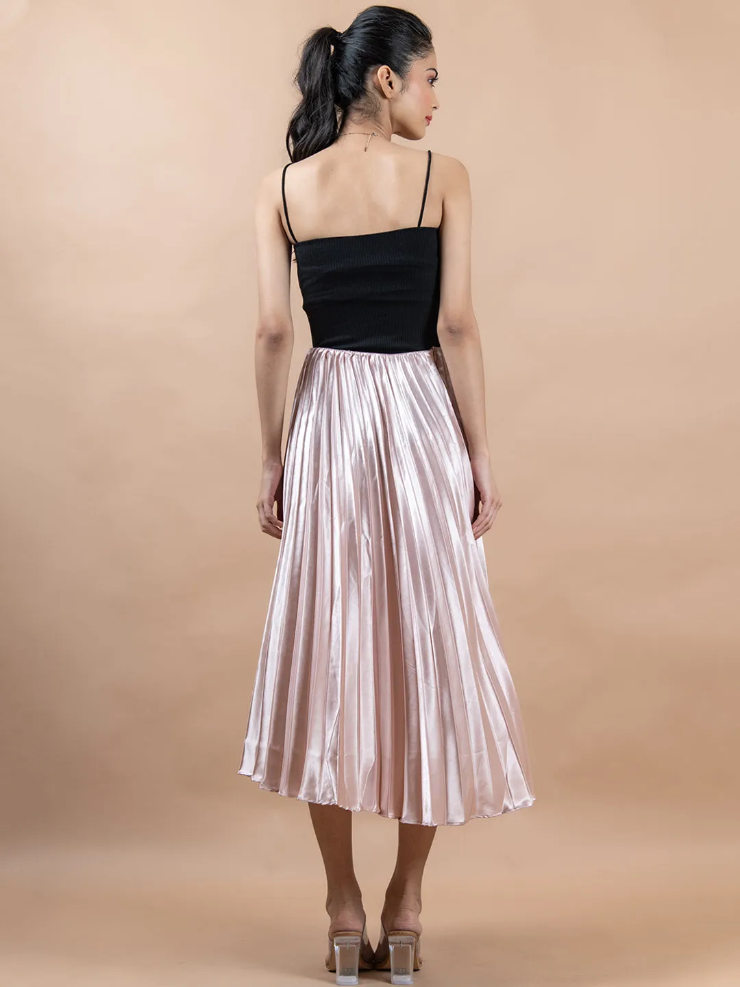 Rose Gold Flared Skirt with Accordion Pleats For Women