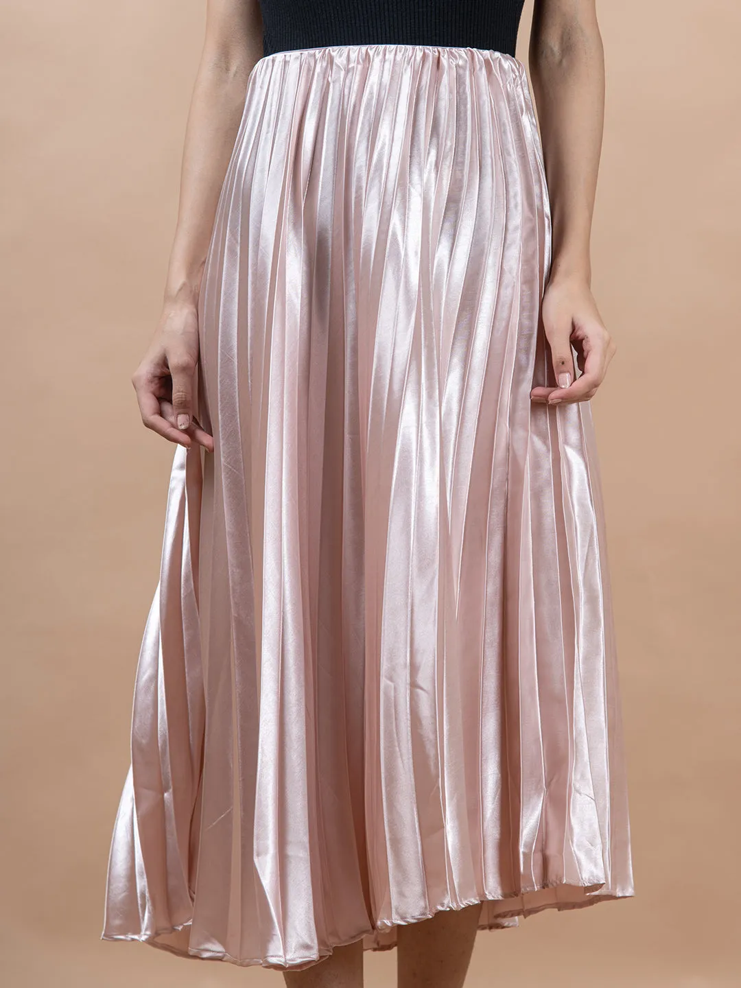 Rose Gold Flared Skirt with Accordion Pleats For Women