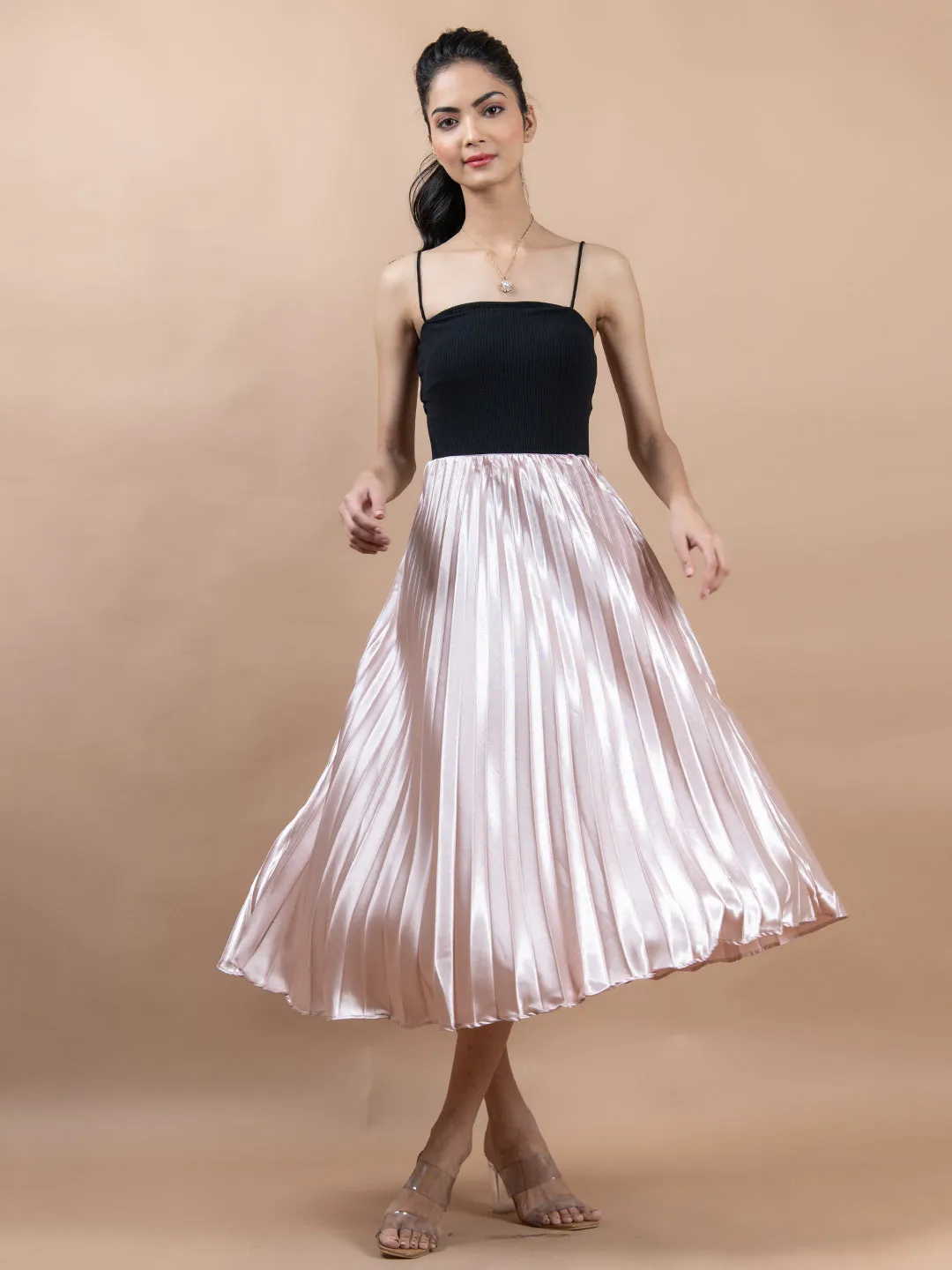 Rose Gold Flared Skirt with Accordion Pleats For Women