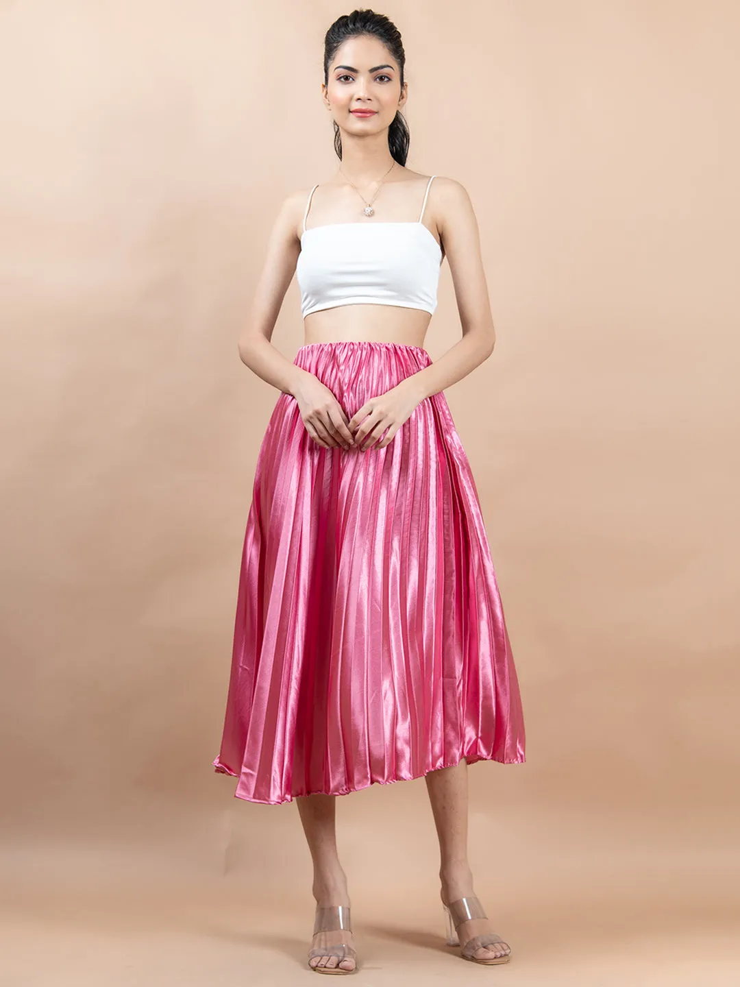 Rosy Pink Flared Skirt with Accordion Pleats For Women