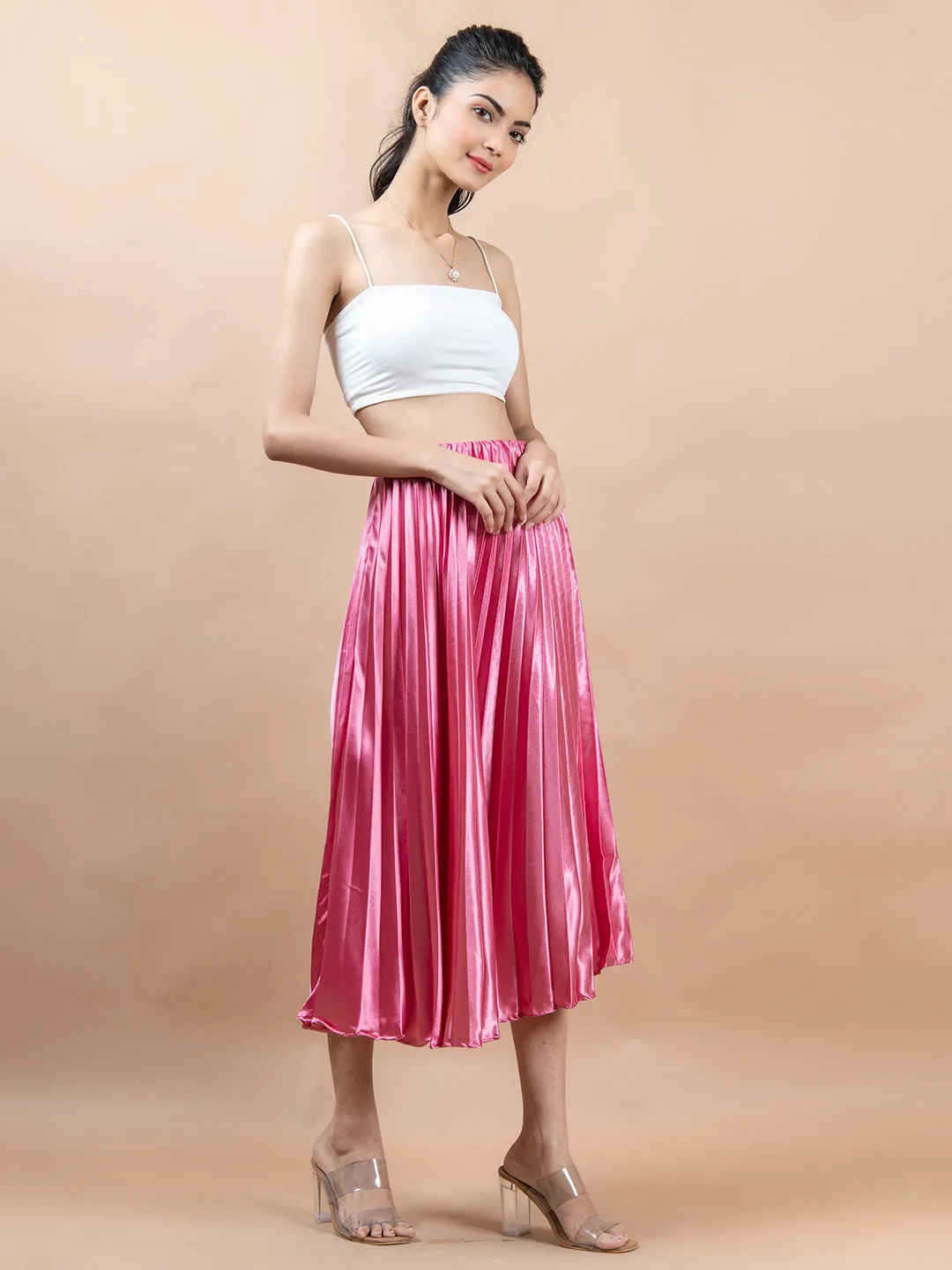 Rosy Pink Flared Skirt with Accordion Pleats For Women