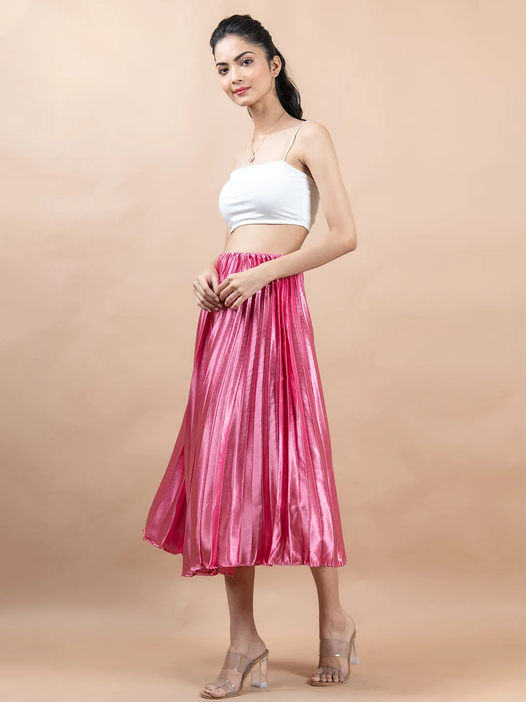 Rosy Pink Flared Skirt with Accordion Pleats For Women