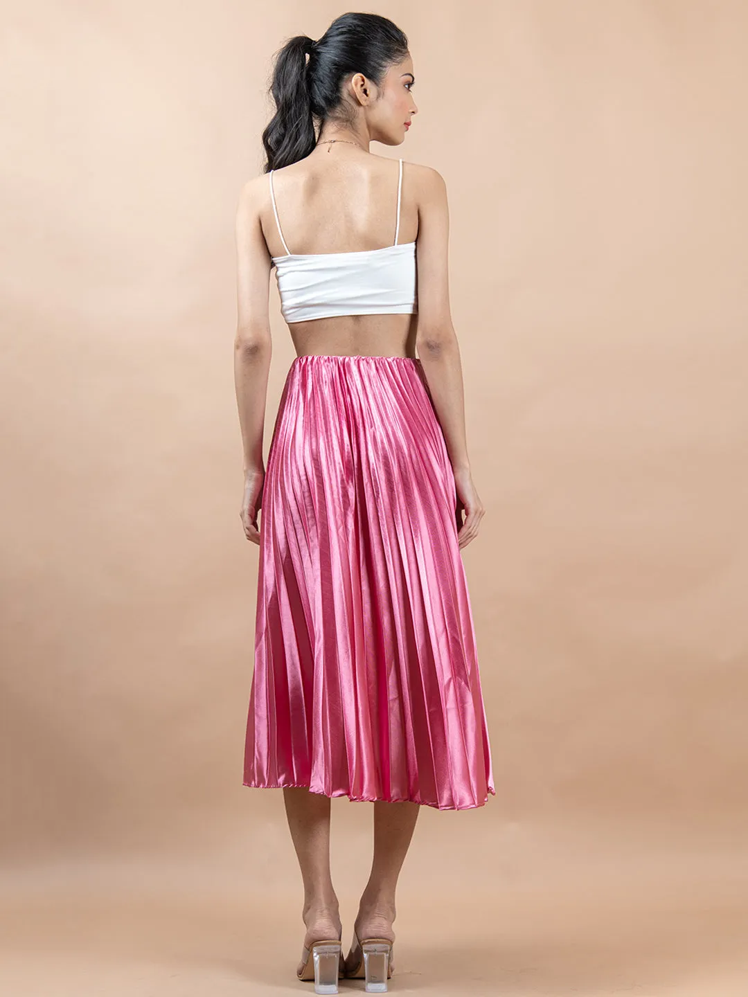 Rosy Pink Flared Skirt with Accordion Pleats For Women