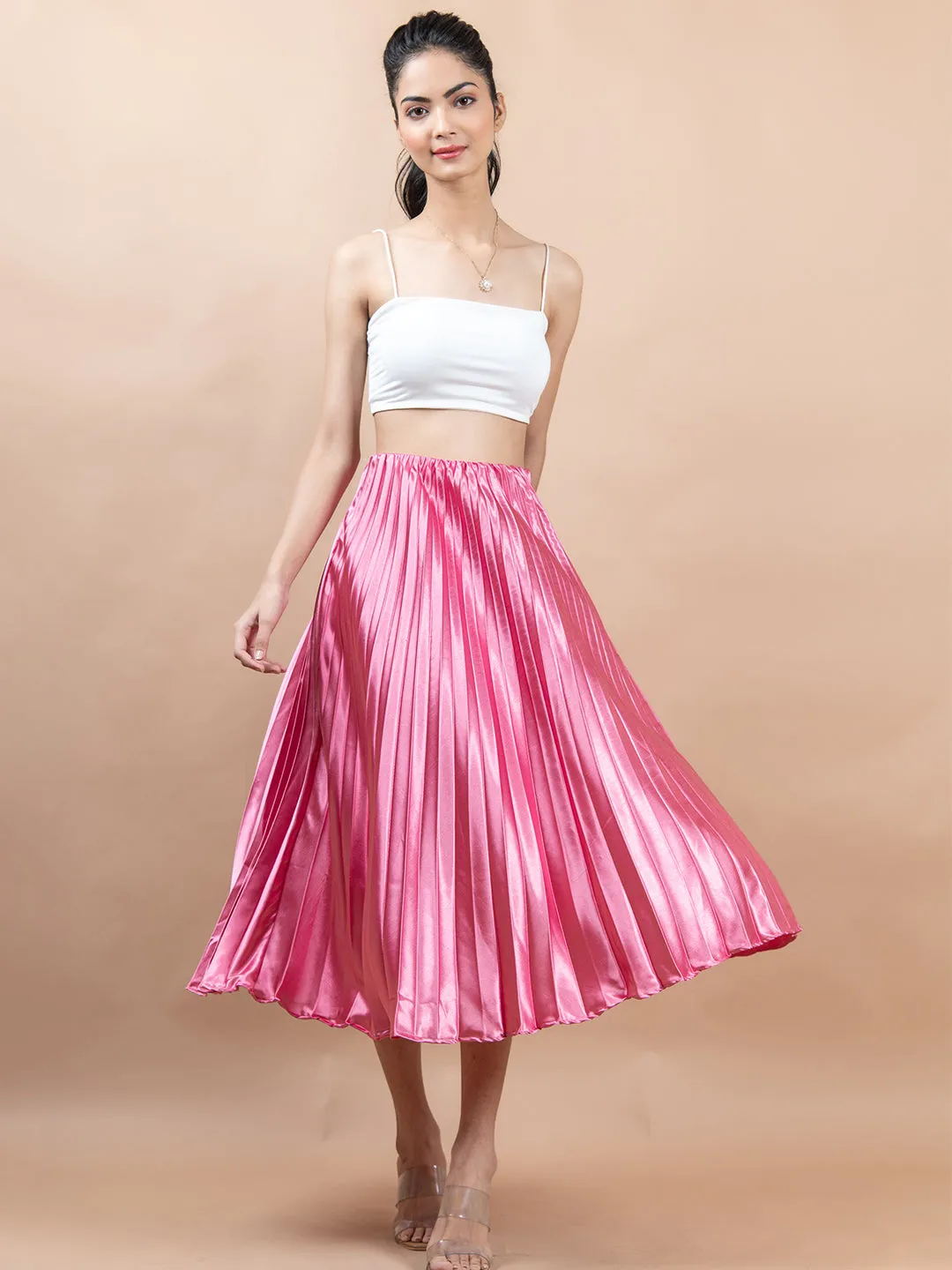 Rosy Pink Flared Skirt with Accordion Pleats For Women