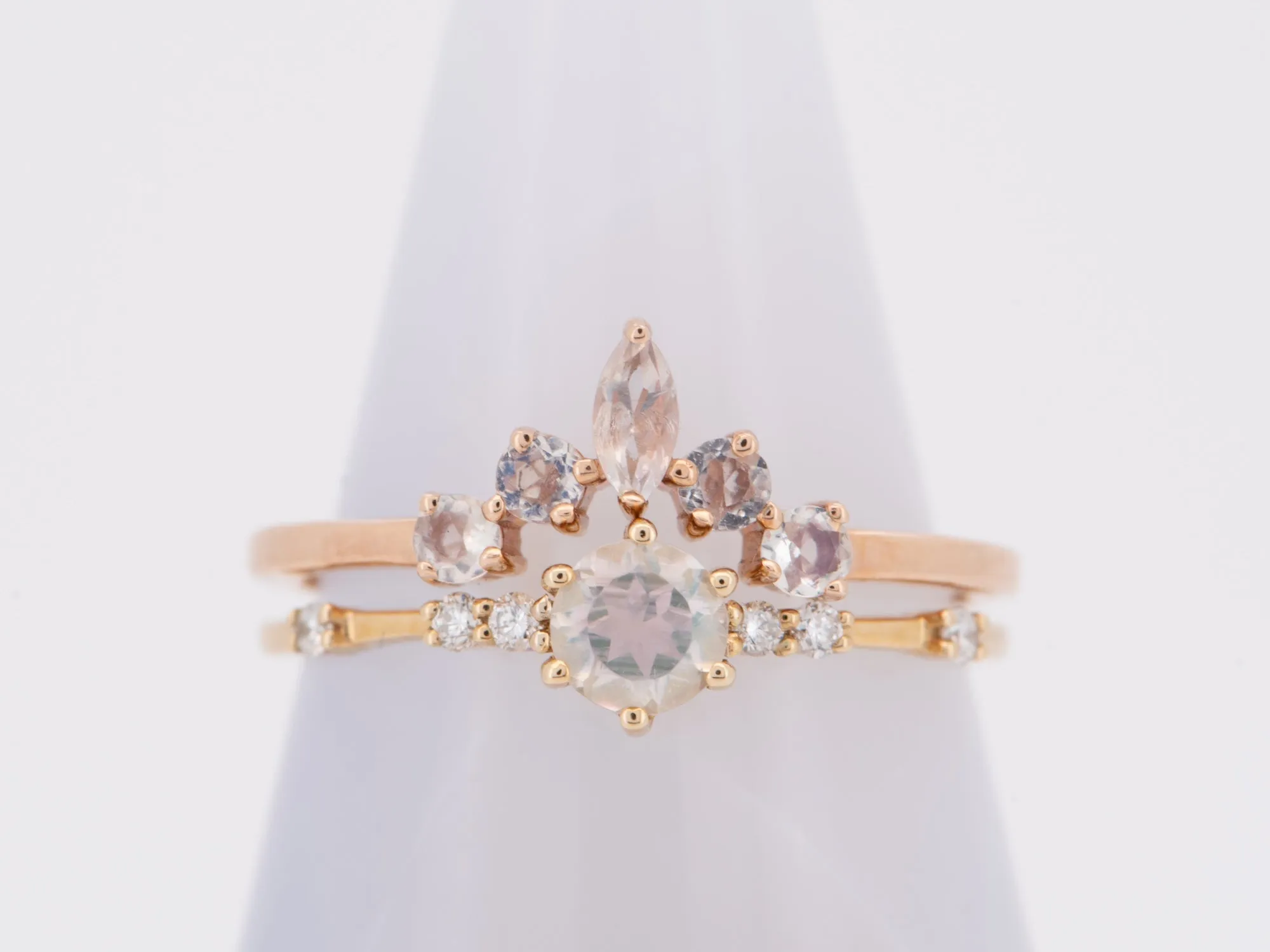 Round & Marquise Rainbow Moonstone Ring 14K Gold Crown Wedding Band Curve Contoured AD1446M