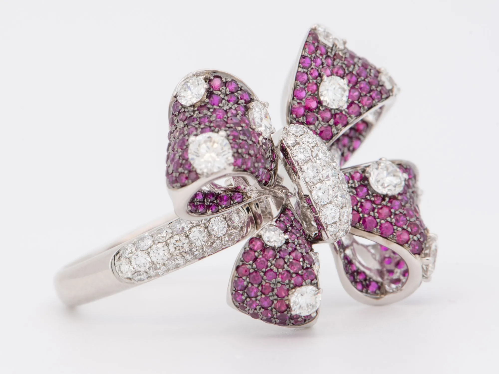 Ruby and Diamond Bow Tie Flower Convertible Ring Brooch Pendant 18K White Gold R6725