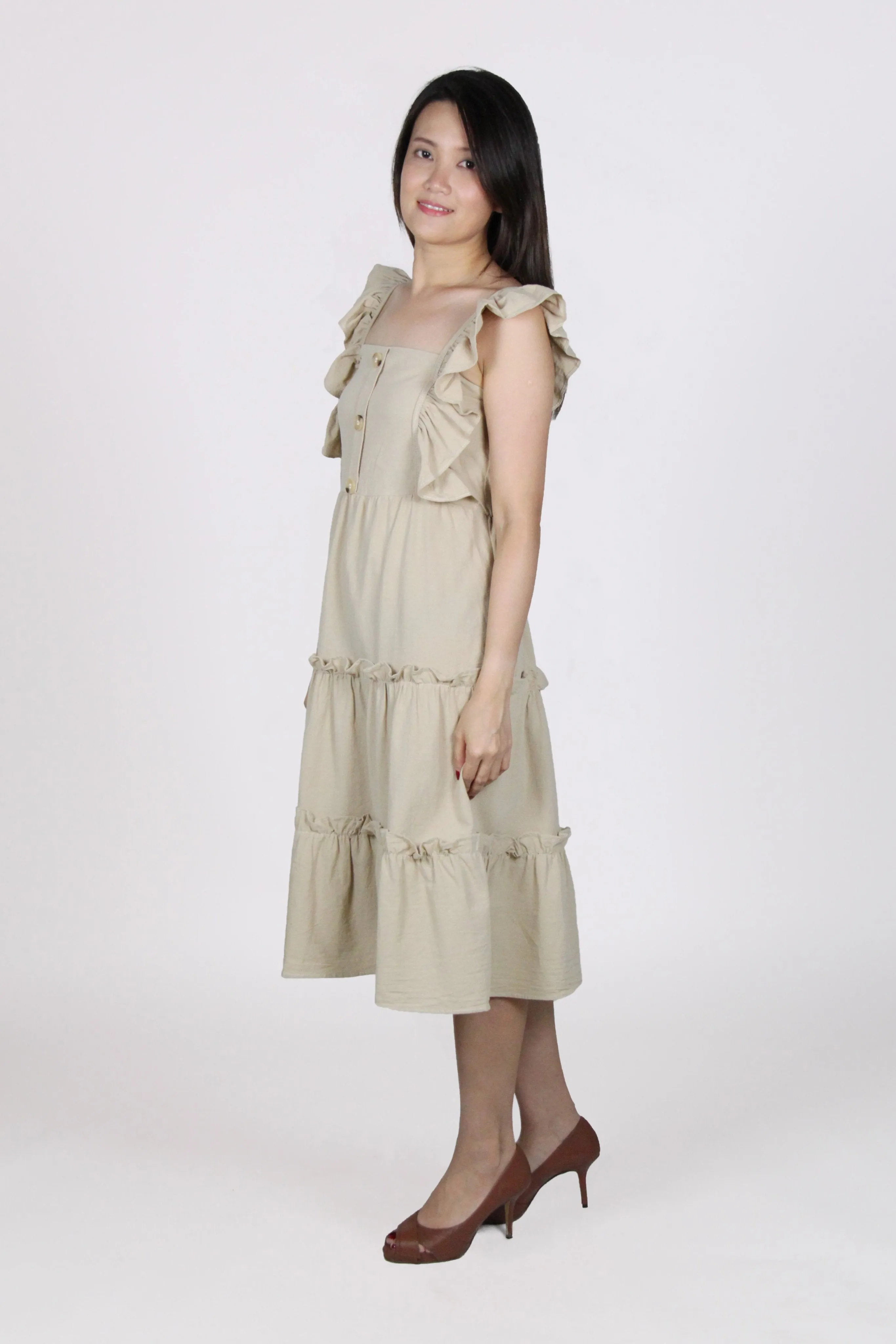 Ruffles Sleeveless Flare Midi Dress in Beige