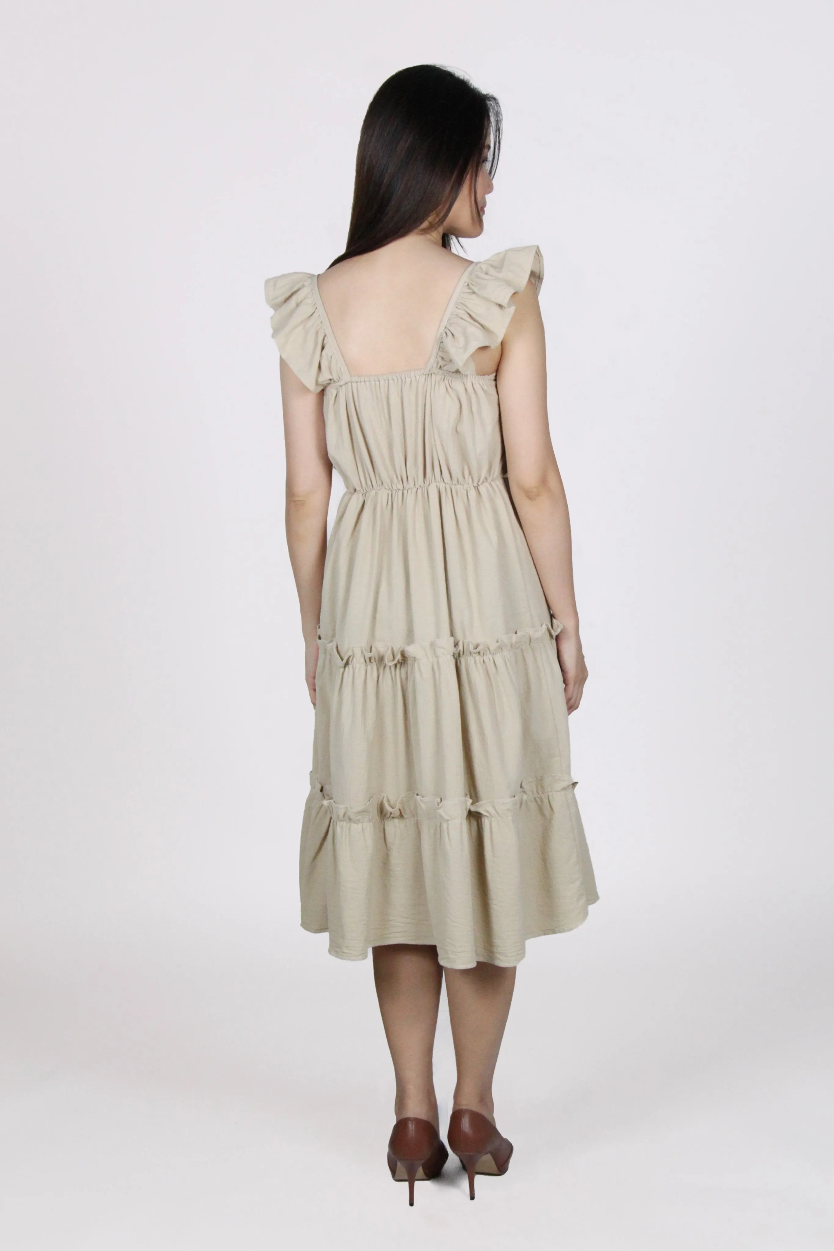 Ruffles Sleeveless Flare Midi Dress in Beige