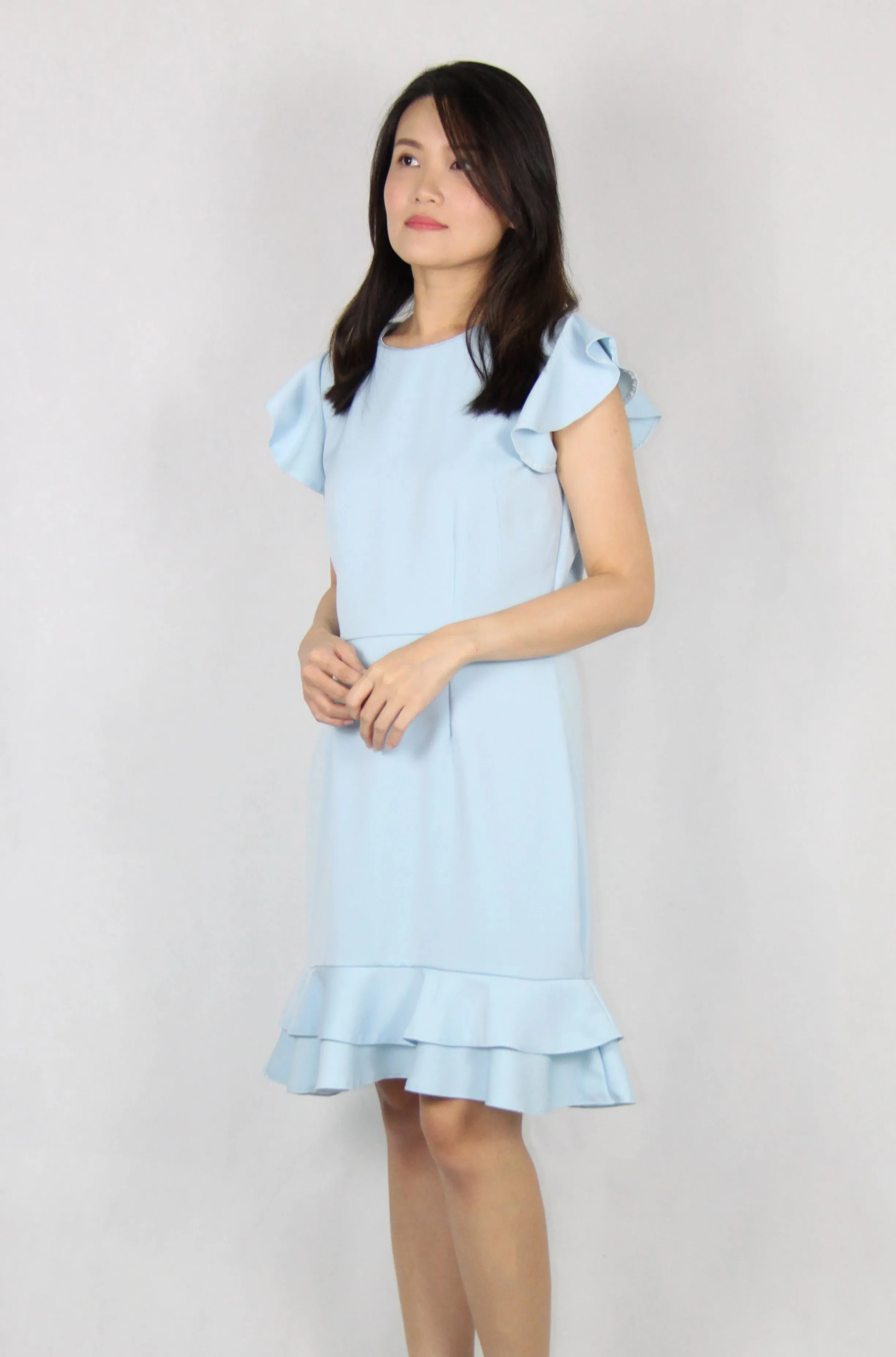 Ruffles Sleeves Double Layer Dress in Light Blue