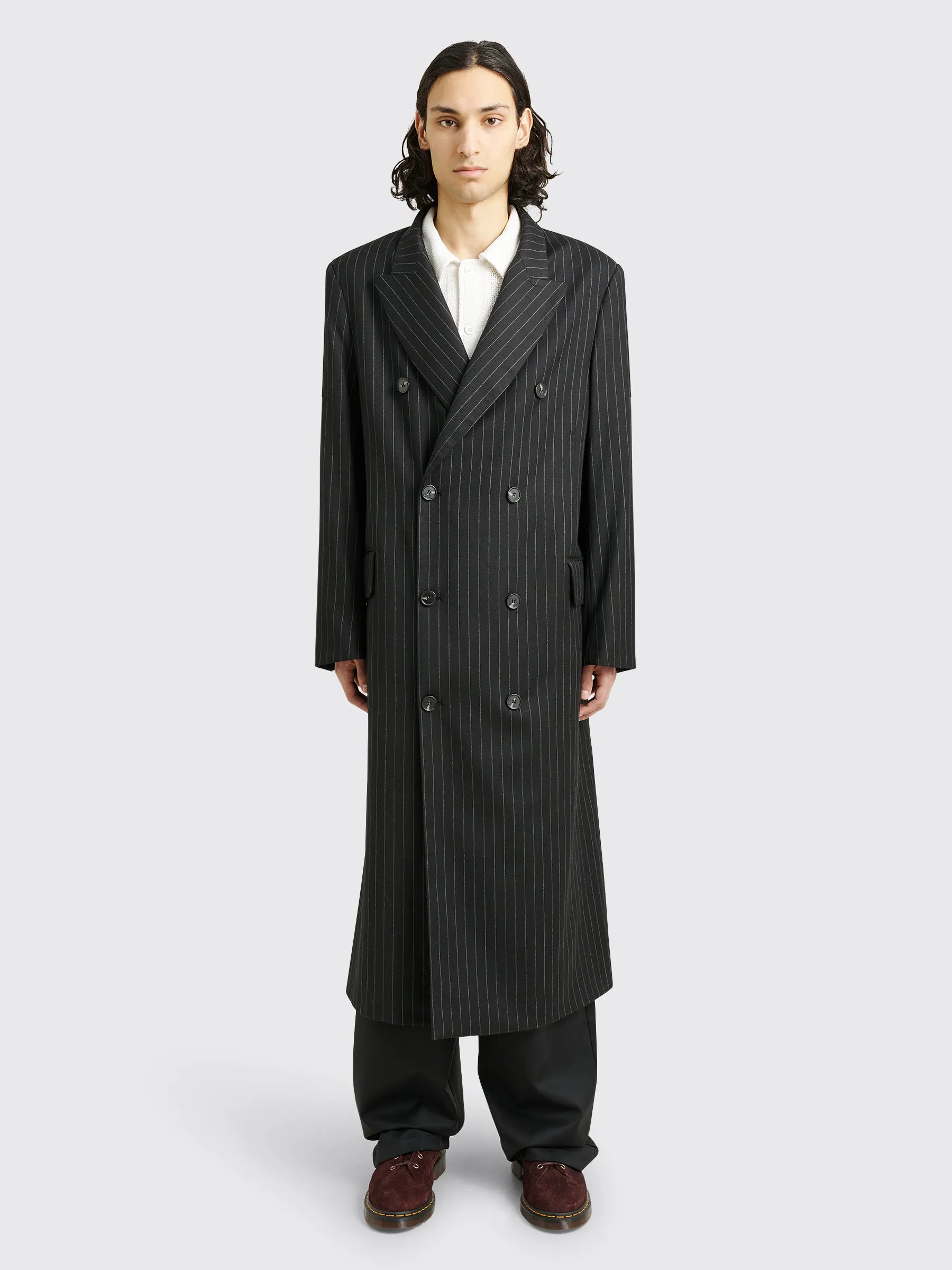 Sunflower Long Coat Black Pinstripe