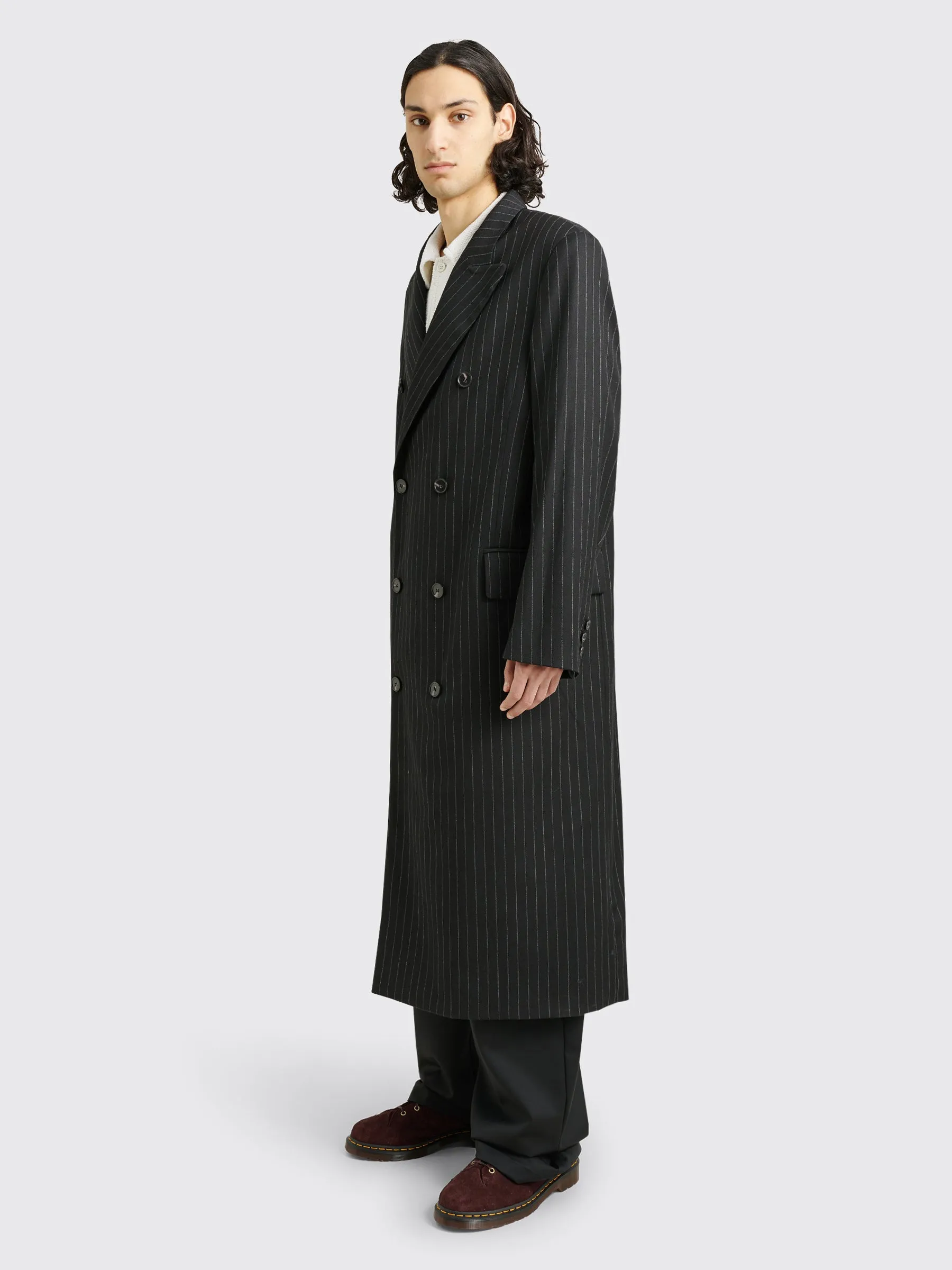 Sunflower Long Coat Black Pinstripe