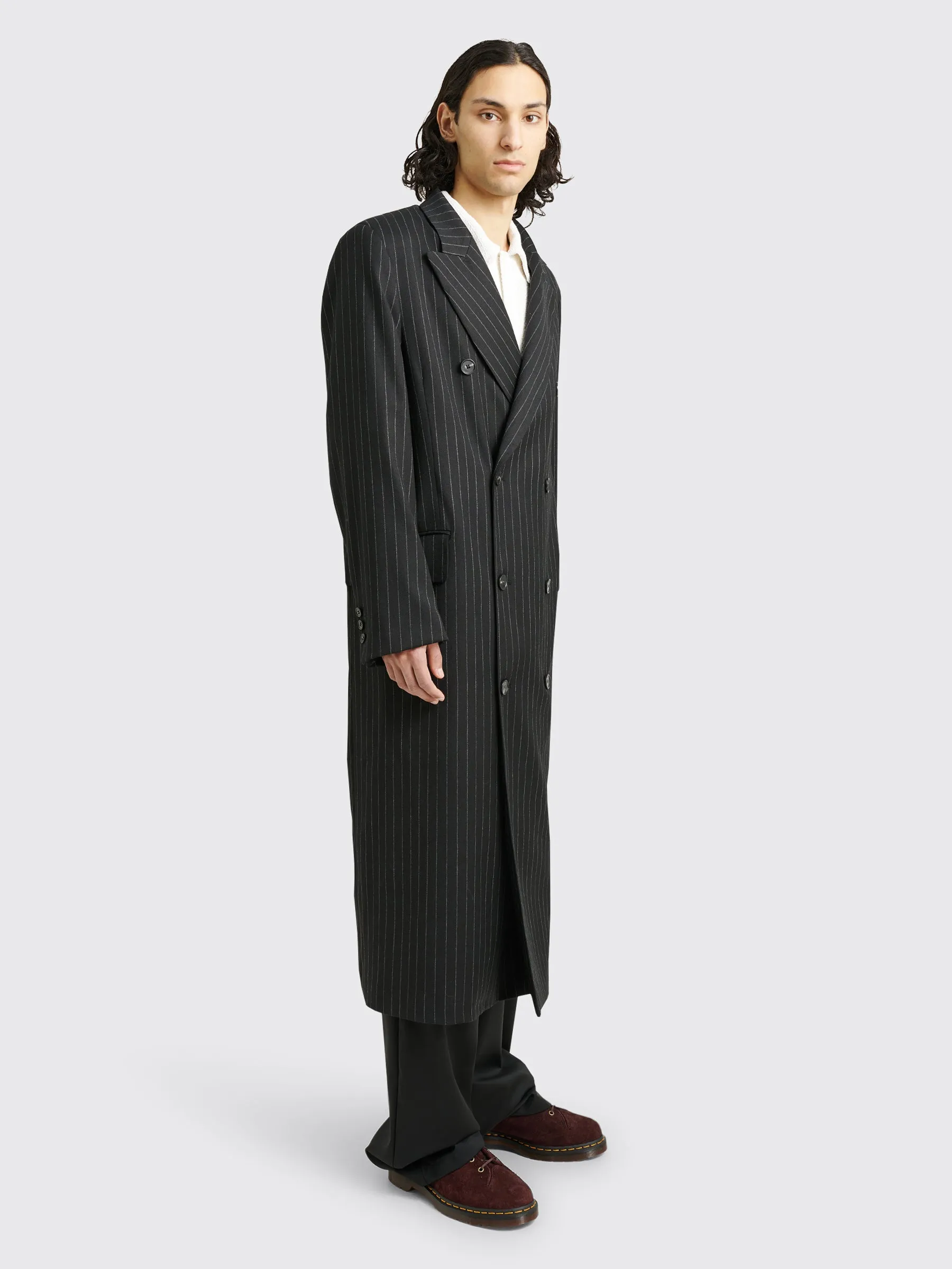 Sunflower Long Coat Black Pinstripe