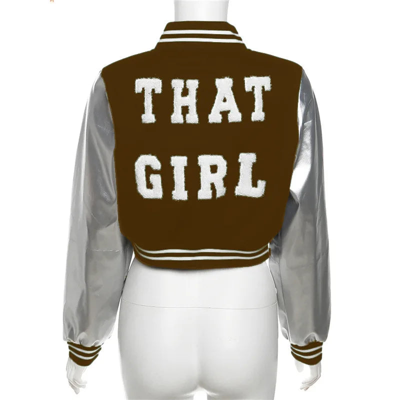 That Girl Bodycon Letter Embroidery Crop Baseball Jacket