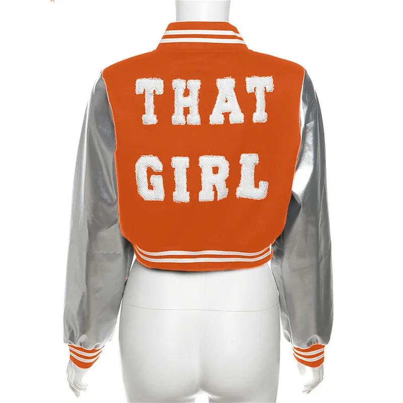 That Girl Bodycon Letter Embroidery Crop Baseball Jacket