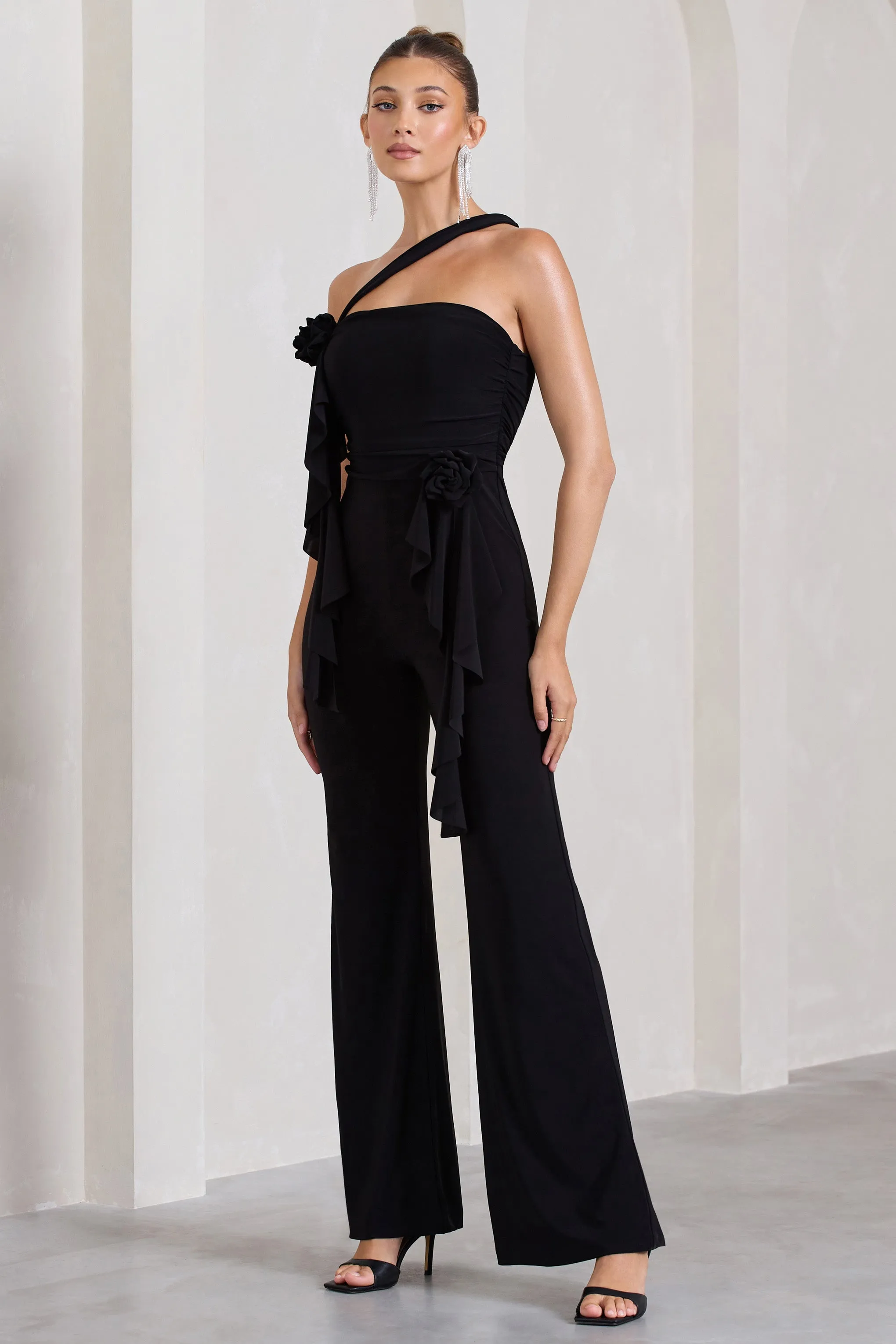 Tia | Black Asymmetric Sleeveless Flared-Leg Jumpsuit With Flowers