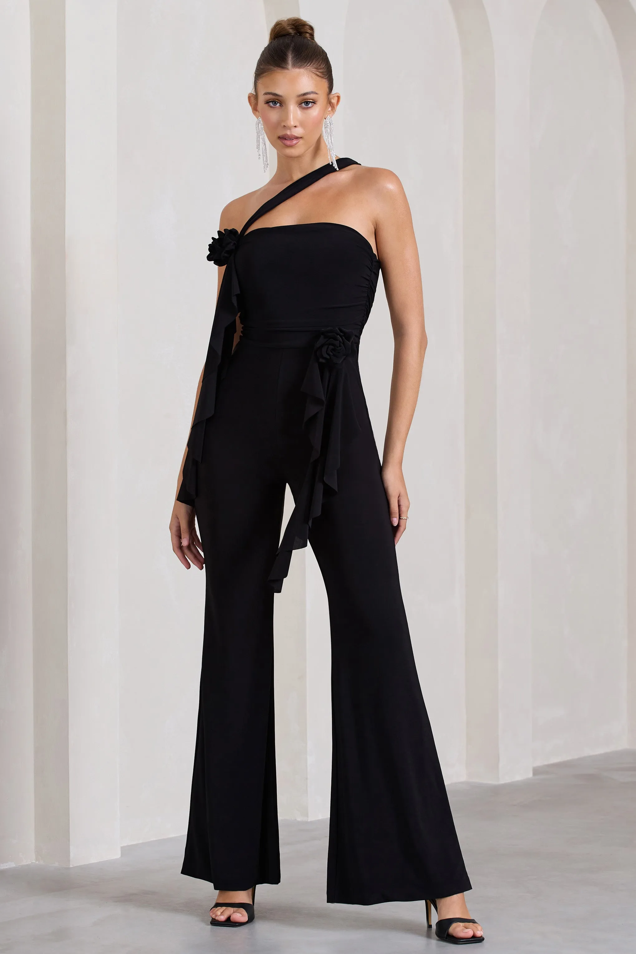 Tia | Black Asymmetric Sleeveless Flared-Leg Jumpsuit With Flowers