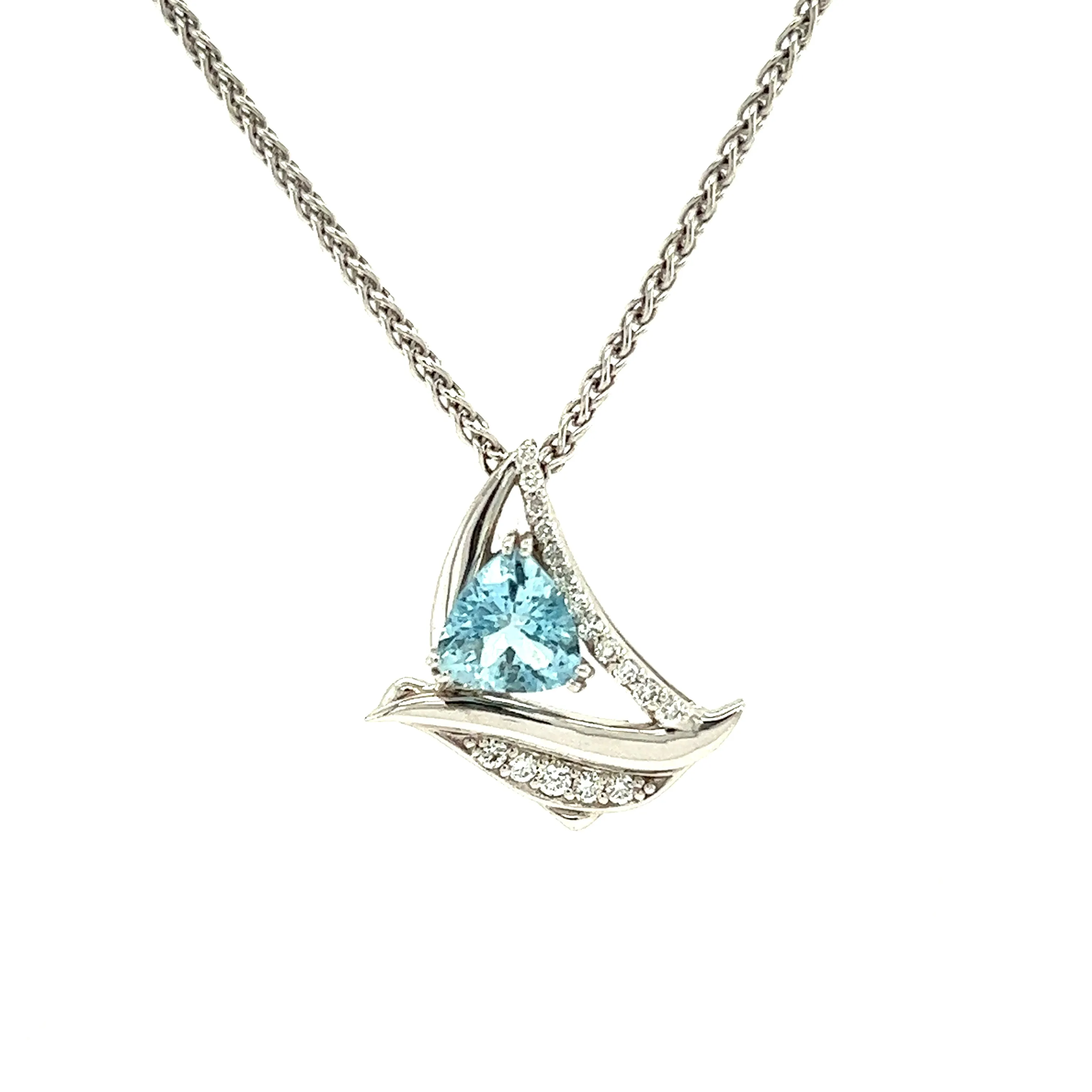 Trillion Aquamarine Sailboat Necklace with Seventeen Accent Diamonds in 14K White Gold