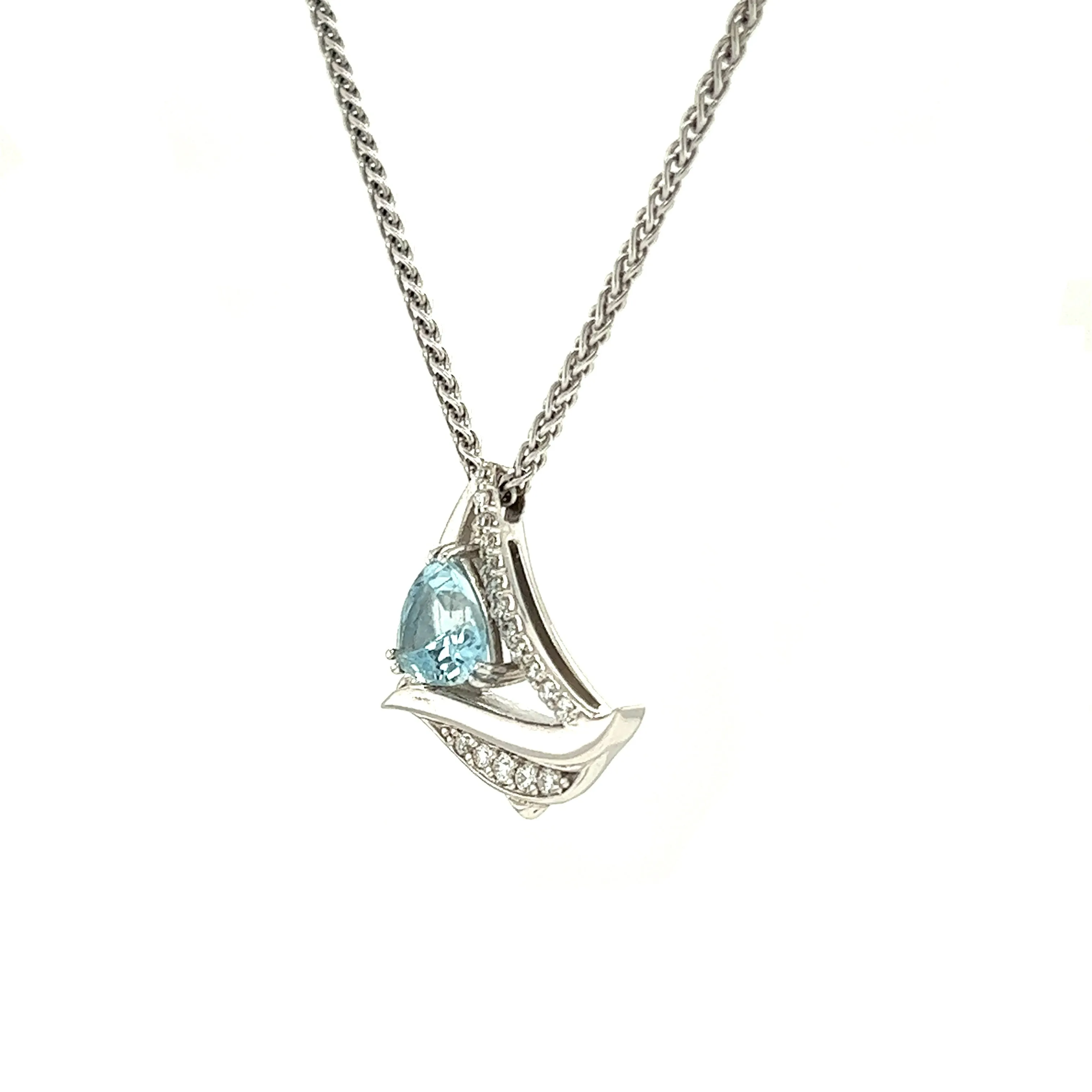 Trillion Aquamarine Sailboat Necklace with Seventeen Accent Diamonds in 14K White Gold