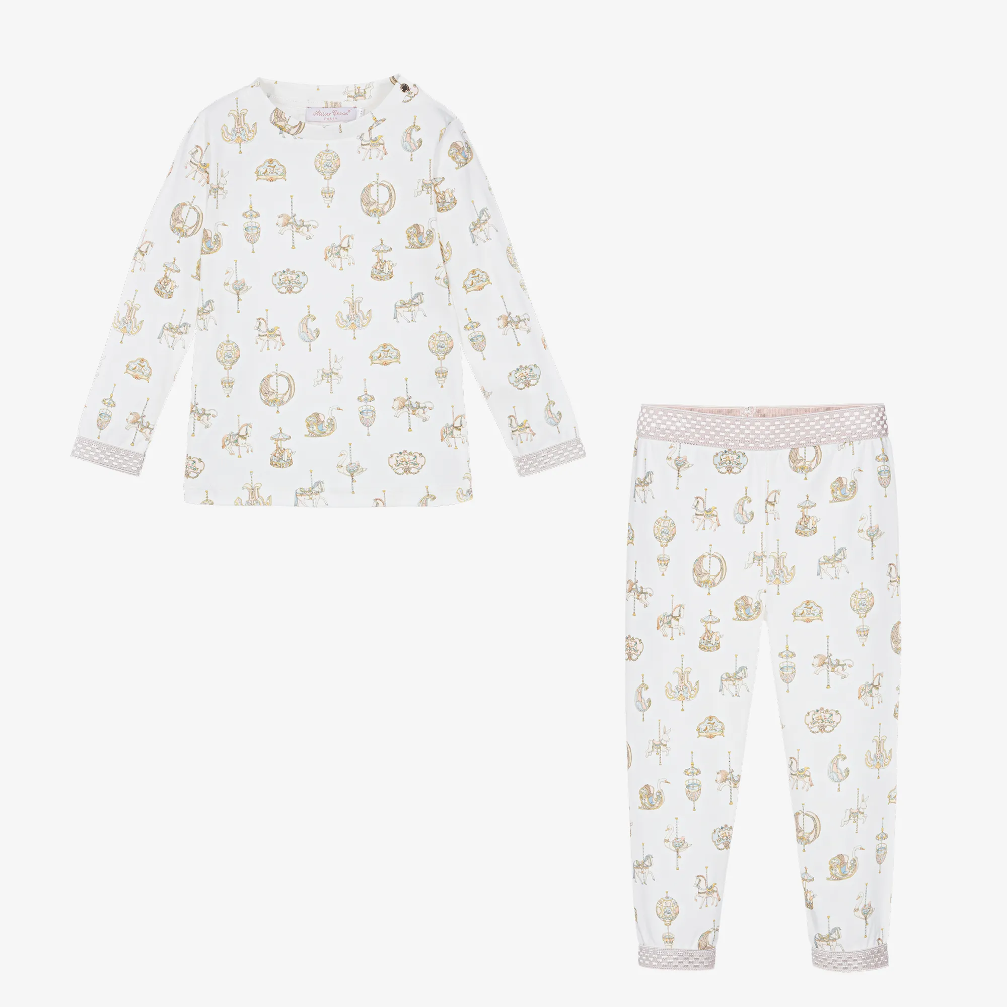 White Carousel Print Cotton Leggings Set