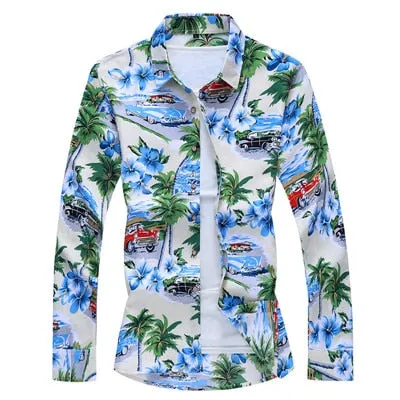 White Floral Printed Slim Fit Casual Party Long Sleeve Shirt for Men