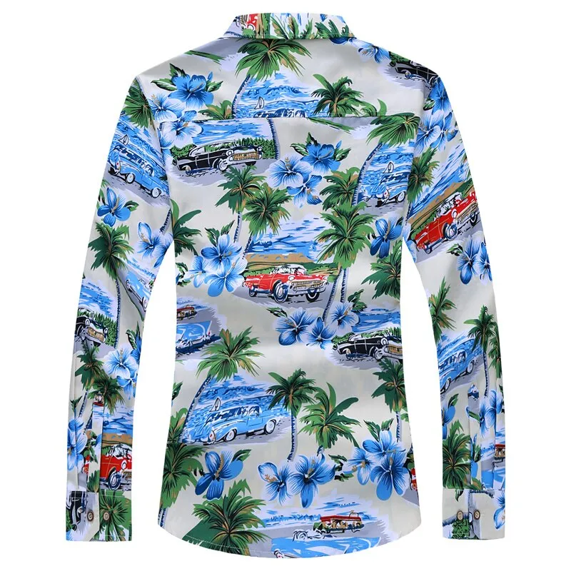 White Floral Printed Slim Fit Casual Party Long Sleeve Shirt for Men