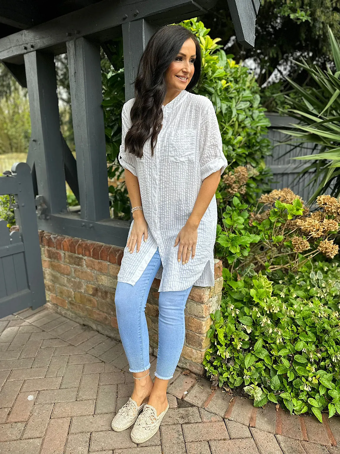 White Vertical Stripe Longline Blouse Hattie