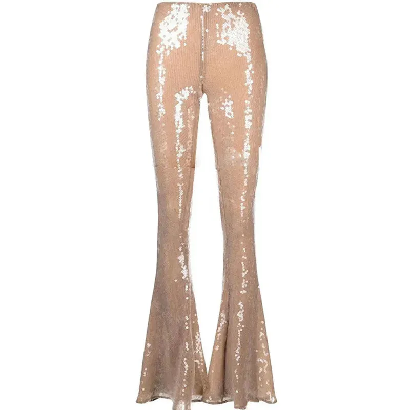 Women's Fashion Shinning Sequins Partywear Wide Leg Flare Pants