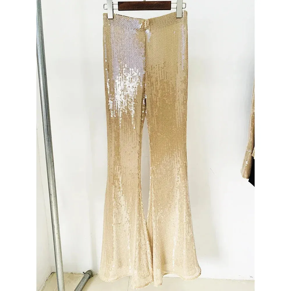 Women's Fashion Shinning Sequins Partywear Wide Leg Flare Pants